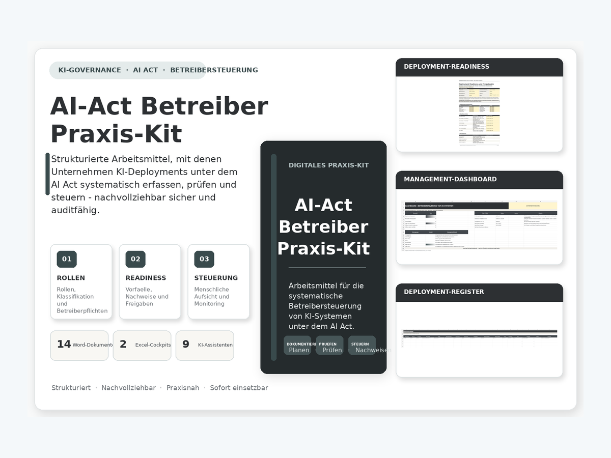 AI-Act Betreiber Praxis-Kit mit Cockpit, Arbeitsmitteln und Prüflogik