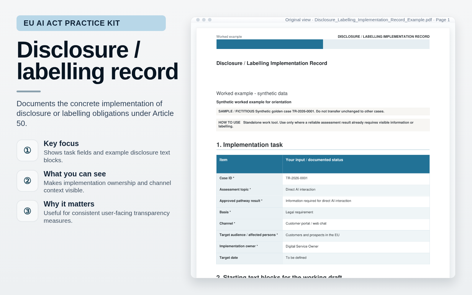 Disclosure labelling implementation record – Label AI Content & AI Interactions – EU AI Act Practice Kit