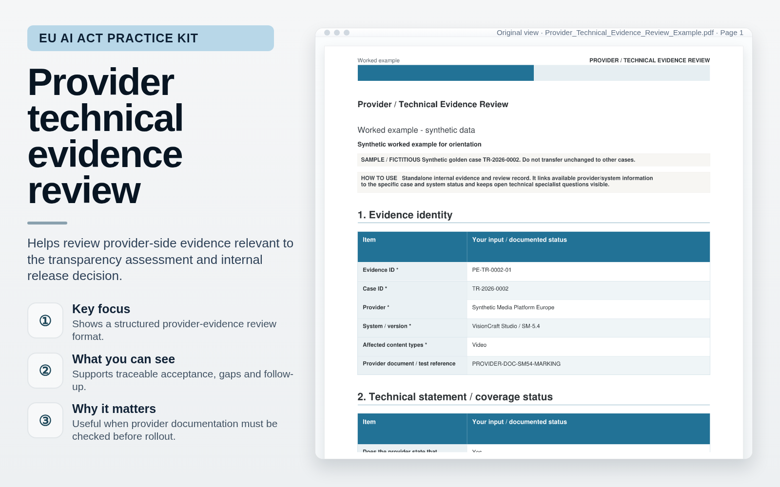 Provider technical evidence review – Label AI Content & AI Interactions – EU AI Act Practice Kit