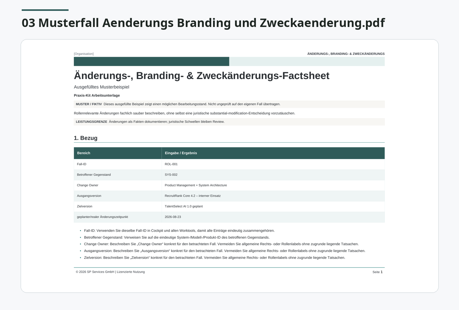 Musterfall: Branding, Änderungen & Zweck