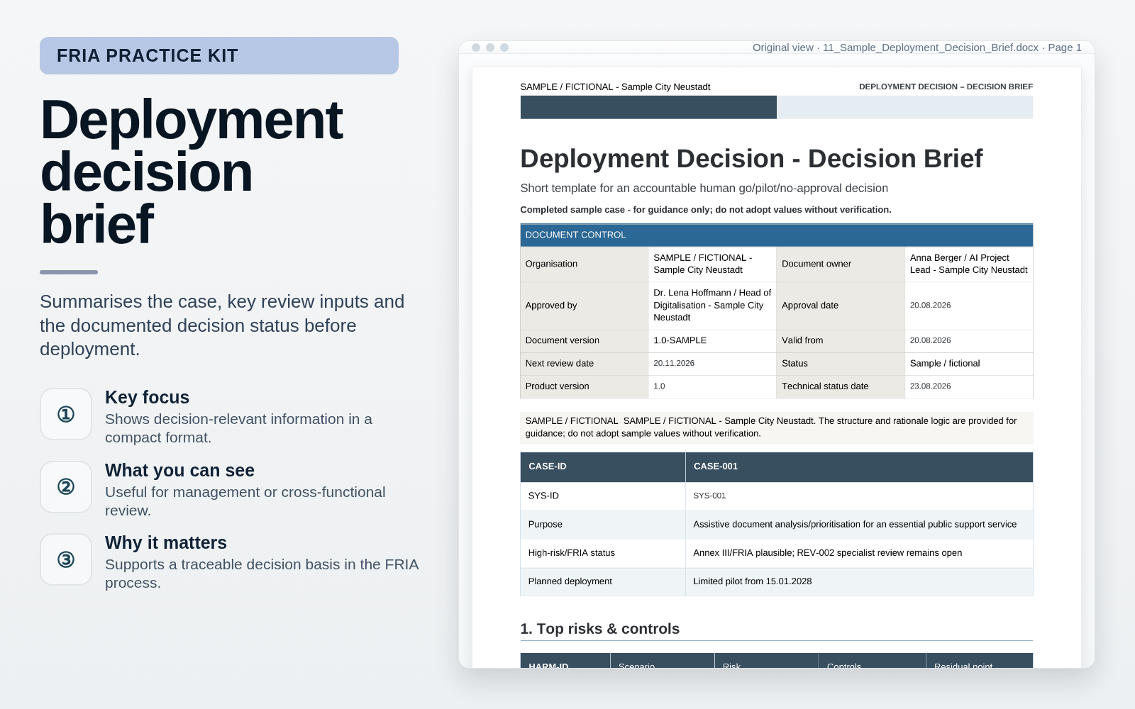 Deployment decision brief – Conduct a FRIA for High-Risk AI – EU AI Act Practice Kit