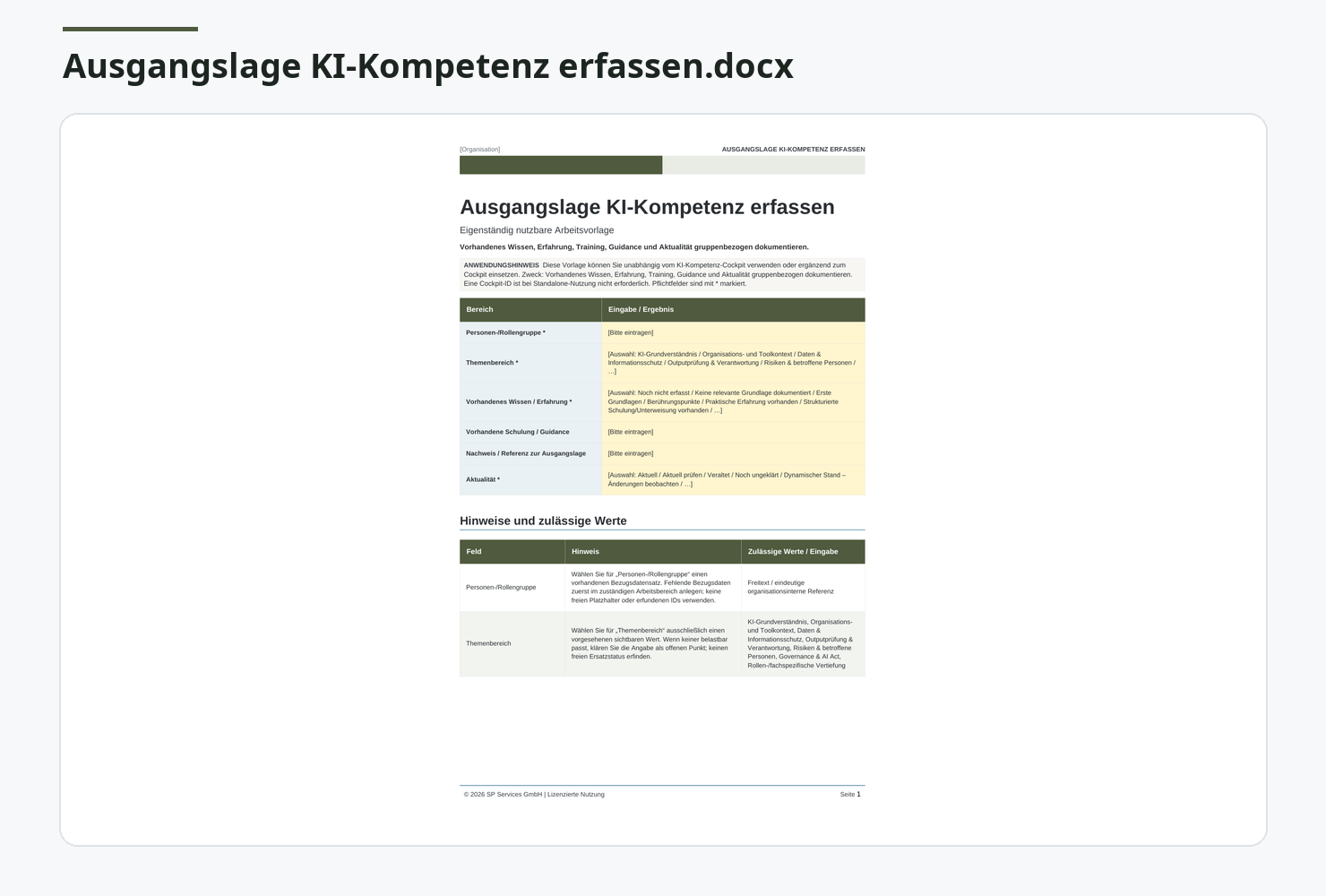 Bearbeitbares Arbeitsmittel zur Ausgangslage der KI-Kompetenz